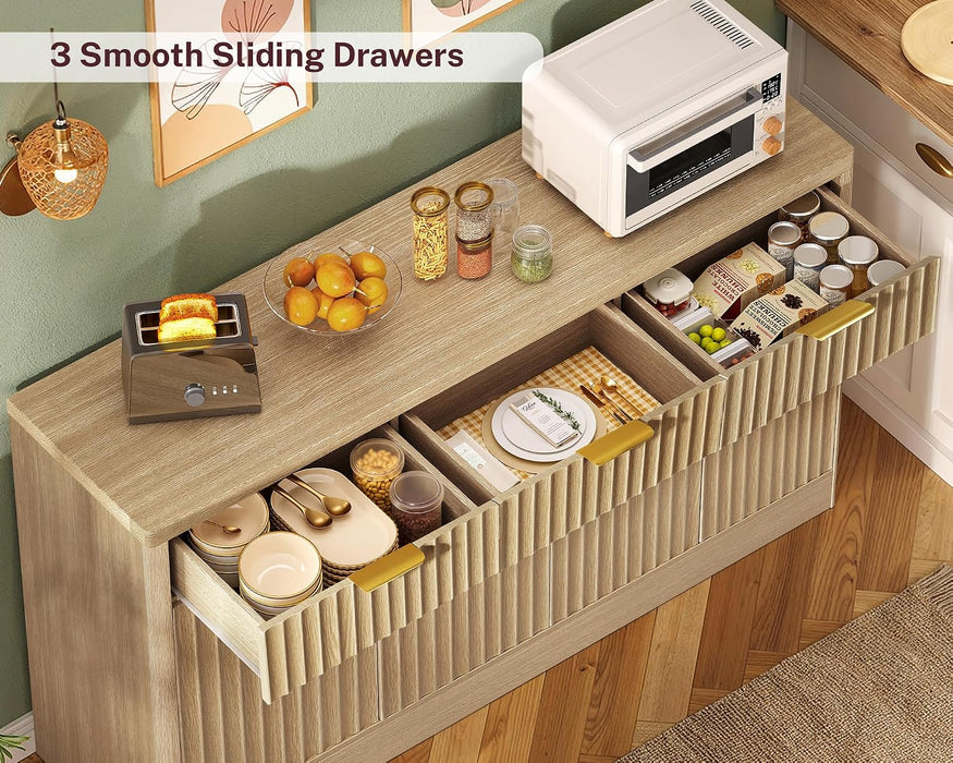 Large Buffet Cabinet with Storage & Drawers, Sideboard Cabinet with 2 Adjustable Shelves & 4 Doors, Coffee Bar Station, Kitchen Storage Cabinets, Natural