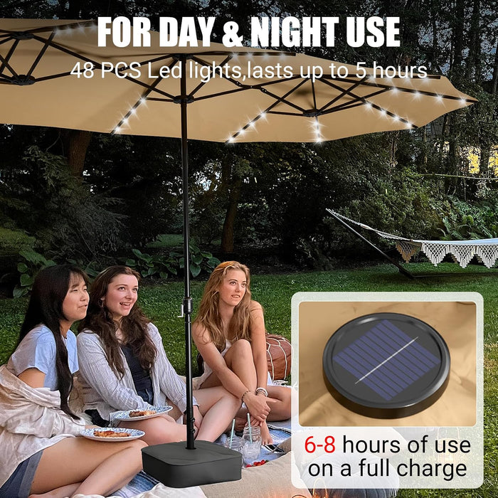 15FT Large Patio Patio Umbrella with Base & Solar LED Lights - Double-Sided,Kahaki