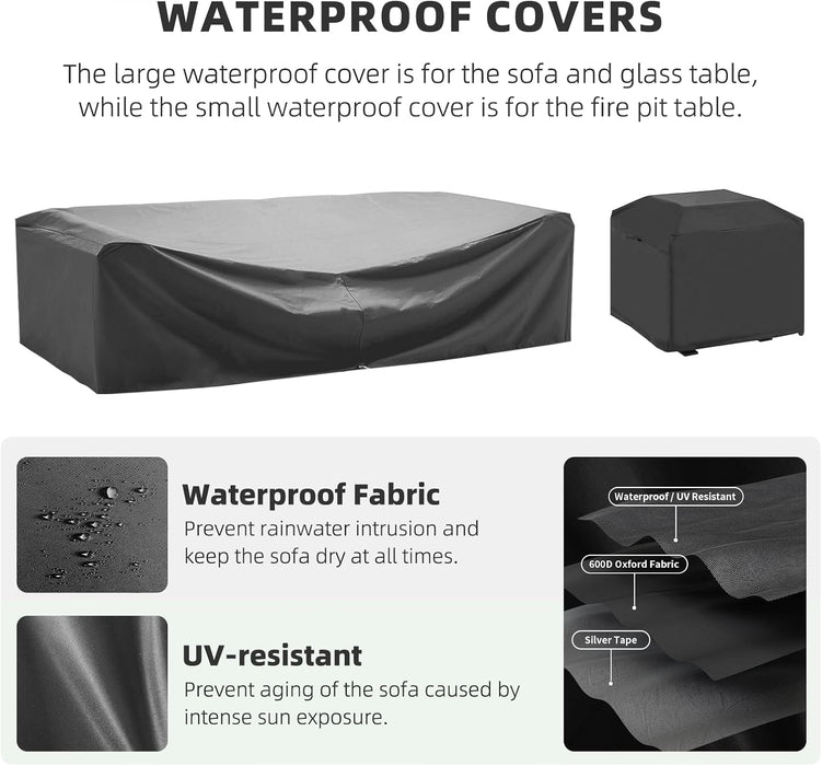 7 Pieces Patio Furniture Set, Outdoor Furniture Sectional Rattan Sofa with Slanted Back, Patio Couch with Glass Coffee Table for Backyard Garden Navy Blue (Waterproof Cover)