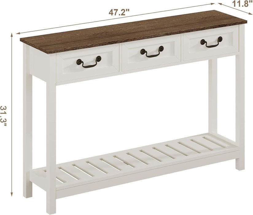 47" Farmhouse Console Table with 3 Drawers, Rustic Entryway Table, Narrow Long Sofa Table for Living Room, Hallway, behind Couch, Soft White and Brown