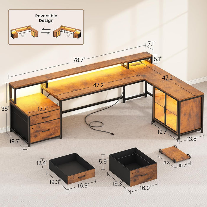 78.7” Large L Shaped Desk with Storage Drawers, Office Desk with File Drawer and Display Cabinet, L Shaped Gaming Desk with Storage, Power Outlet and LED Lights for Home Office, Rustic Brown