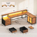 78.7” Large L Shaped Desk with Storage Drawers, Office Desk with File Drawer and Display Cabinet, L Shaped Gaming Desk with Storage, Power Outlet and LED Lights for Home Office, Rustic Brown