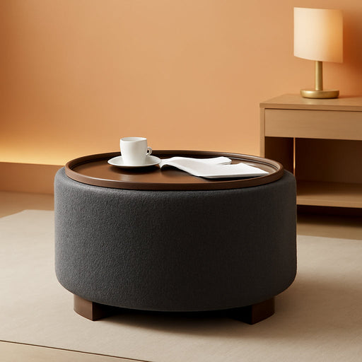 30 Inch round Storage Ottoman Coffee Table, Modern Boucle Ottoman with Lift-Off Lid and Solid Wood Legs for Living Room, Bedroom, Corners, Apartments (Grey)