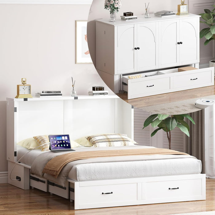 Queen Murphy Bed Cabinet Integrated Charging White