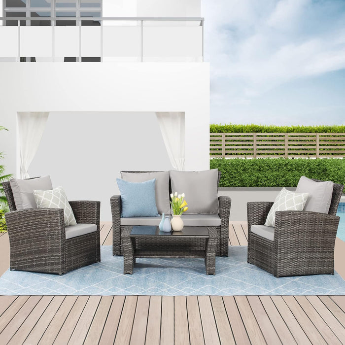 4 Piece Outdoor Patio Furniture Sets, Wicker Conversation Set for Porch Deck, Gray Rattan Sofa Chair with Cushion