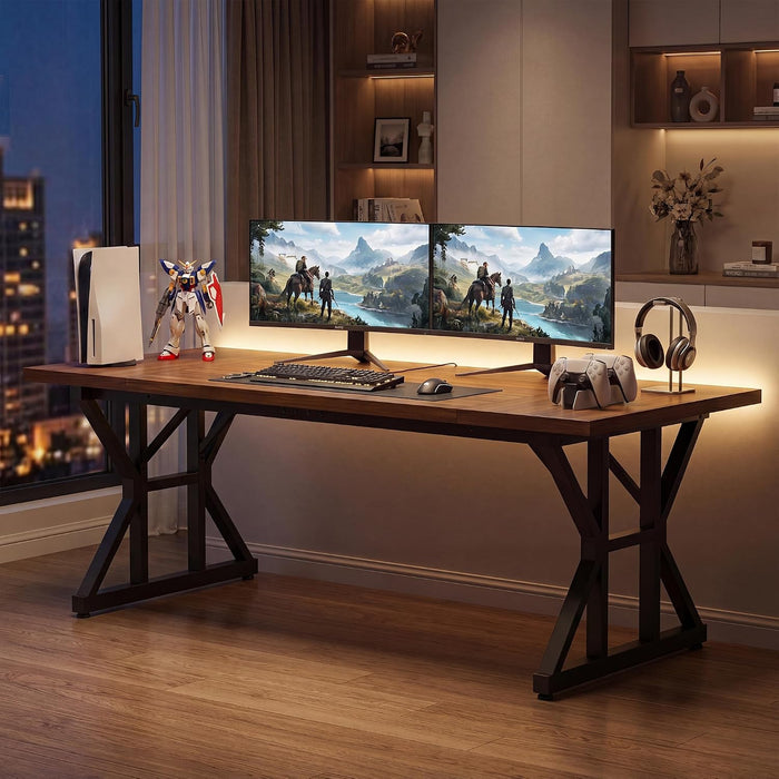 71 Inch Executive Desk, Large Computer Office Desk Workstation with Thick Desktop & Heavy Duty Metal Legs, Modern Industrial Writing Study Table for Home Office (Deep Brown/Black)