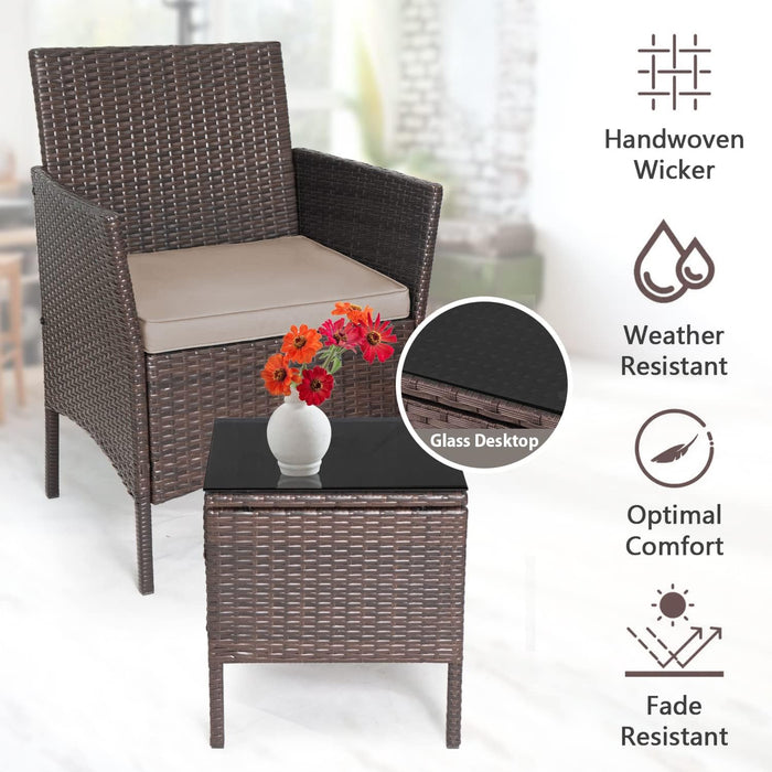 3-Piece Outdoor Wicker Conversation Bistro Set Outdoor Patio Porch Furniture Sets for Yard, Garden with 2 PE Rattan Wicker Chairs, 2 Cushions,1 Coffee Table