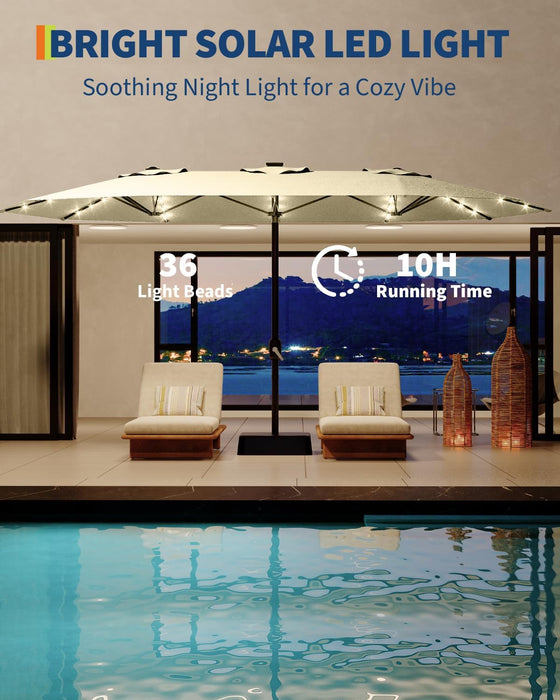 15 Ft Large Patio Umbrella with Lights, 36 LED Lights Double-Sided Patio Umbrella with Weighted Base for Poolside Garden Backyard