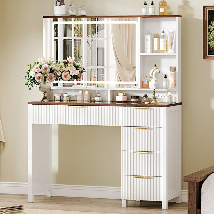 43" Large Vanity Desk with 30" HD Lighted Mirror,Modern Vanity Desk with Mirror and Lights, Makeup Vanity with 5 Drawers and Storage Shelves and Charging Station, White2300