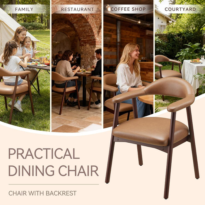 Leather Dining Chair with Armrest Set of 4, Upholstered Dining Room Chair with Curved Back and Wood Legs, Mid Century Modern Kitchen Chairs for Kitchen Dining Room,Brown