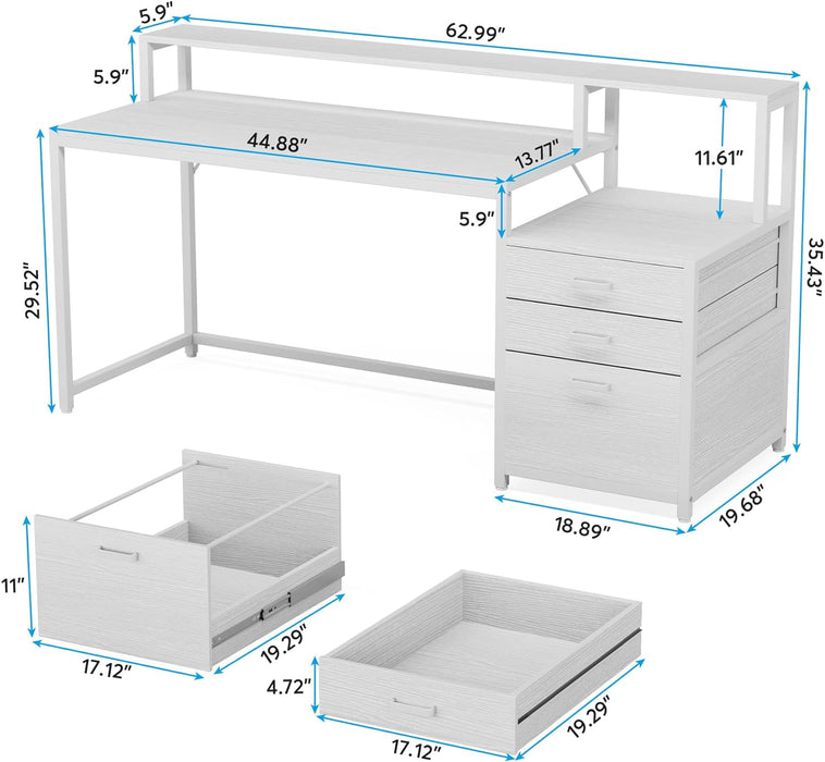 White Computer Desk with File Cabinet & Monitor Stand