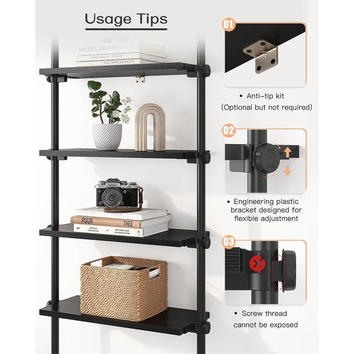 5 Tiers Narrow Bookshelf, Tall Adjustable Ladder Book Shelf with Open Storage, Floor to Ceiling Tension Mount, Wooden Industrial Bookcase for Living Room, 92 to 116 Inch, Black