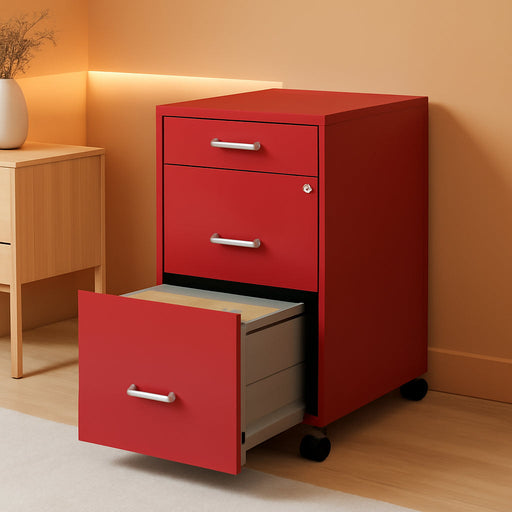 3 Drawers 29.52" Vertical Red Metal Filing Cabinet Lockable Pre-Assembled Movable Letter Size for Home, Office