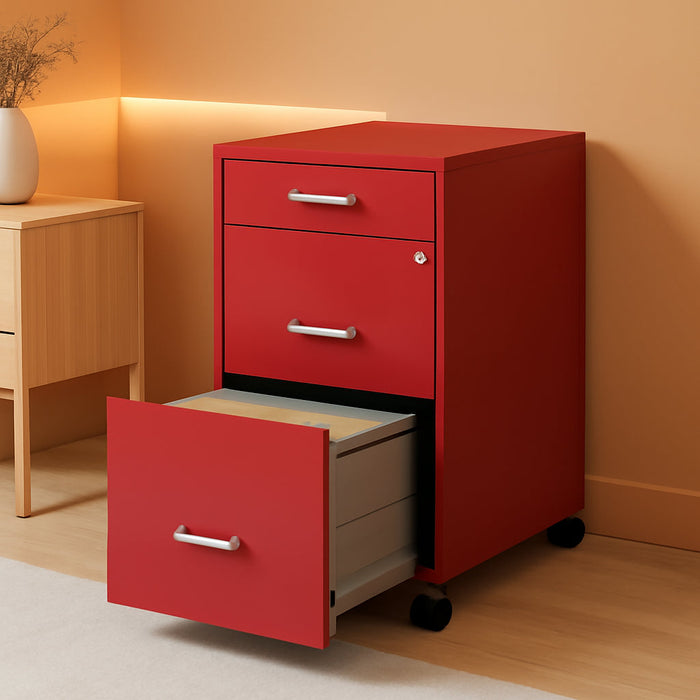 3 Drawers 29.52" Vertical Red Metal Filing Cabinet Lockable Pre-Assembled Movable Letter Size for Home, Office