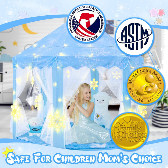 Frozen Princess Tent with Large Snowflake Lights for Girls Age 4-7, Kids Play Tent for Girls Indoor, Princess Castle Playhouse for Toddlers, Blue Frozen Toy 55X53 Inch