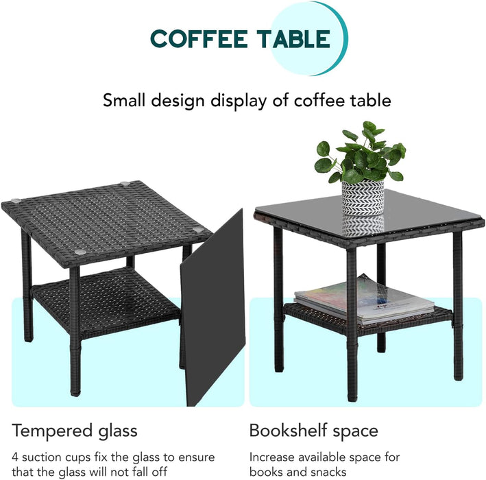 3 Piece Outdoor Furniture Set Patio Wicker Chairs Furniture Bistro Conversation Set 2 Rattan Chairs with Blue Cushions and Glass Coffee Table for Porch Lawn Garden Balcony Backyard