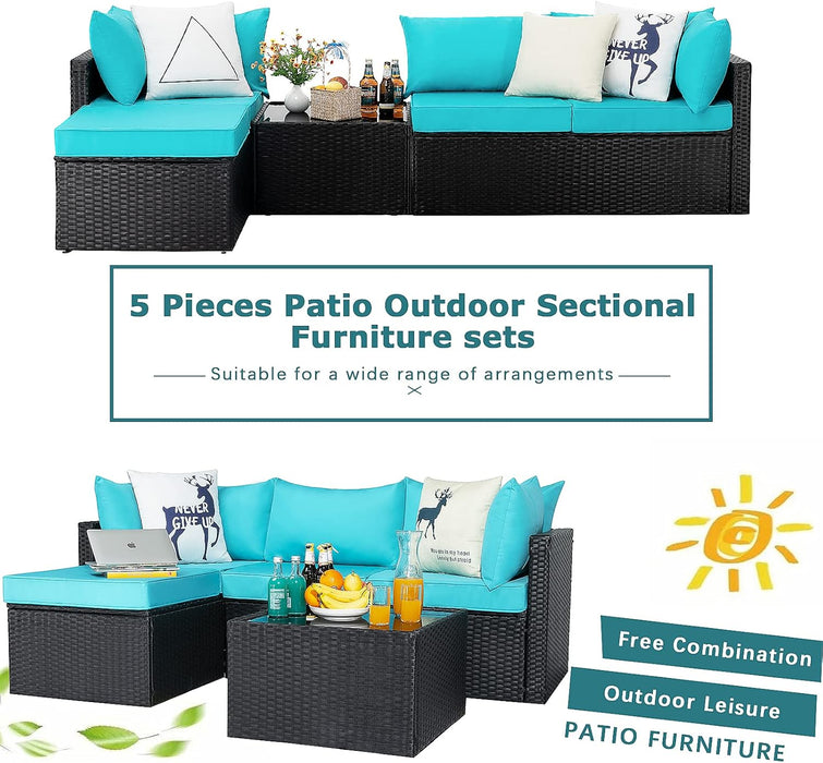 5 Pieces Patio Furniture Sets, Outdoor Sectional Sofa, All Weather Rattan Wicker Couch with Glass Table, Patio Conversation Set for Porch Backyard Garden Pool Deck Balcony