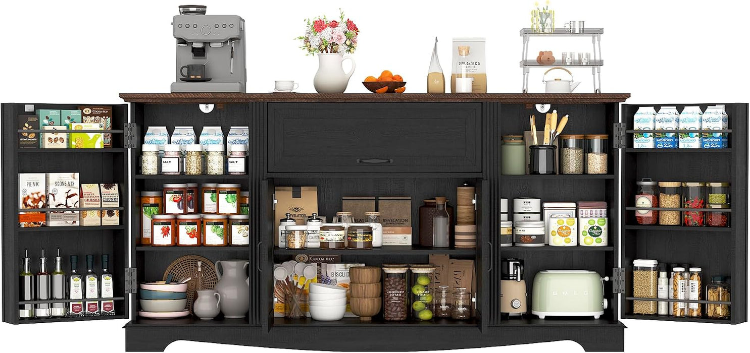 65" Sideboard Buffet Cabinet with Storage, Farmhouse Kitchen Pantries Sideboard Cabinets with Drawer, Wood Coffee Bar Cabinet with Adjustable Shelves, Storage Cabinets for Kitchen, Black