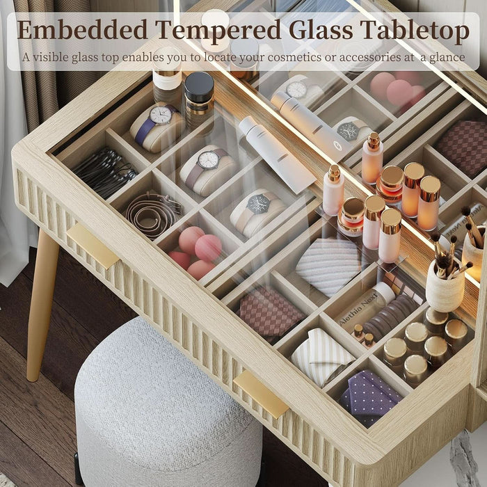 Fluted Makeup Vanity Desk with Mirror and Lights, Modern Glass Top Vanity Table with Charging Station, 5 Drawers & Shelves, 3 Color Modes, Wood Dressing Table for Bedroom, Oak