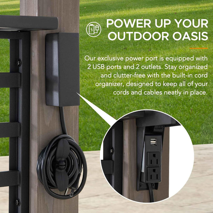Wooden Grill Gazebo with AC Power Port, 8 X 12 Ft. Steel Hardtop Outdoor Gazebo for Year-Round Grilling, Cedar Framed Gazebo with Built-In Electrical Outlets and Decorative Fence, Black