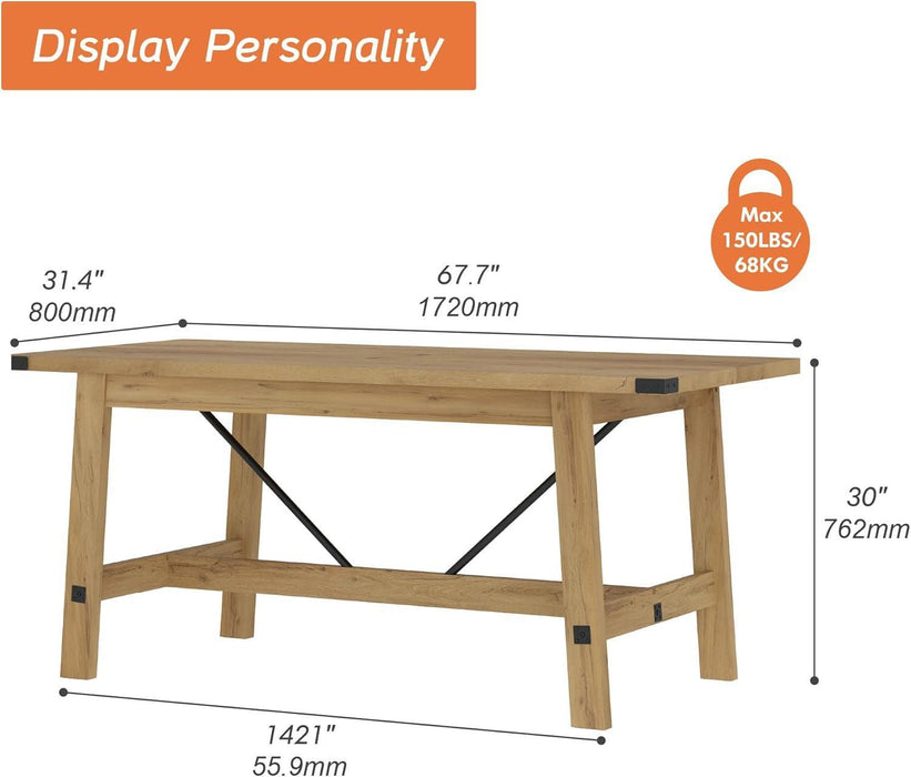 4-6 Person Farmhouse Dining Table with Heavy Duty Wooden Legs, 67.7 Inch Rectangular Modern Wood Kitchen Table for Dining Room & Living Room, Oak Brown