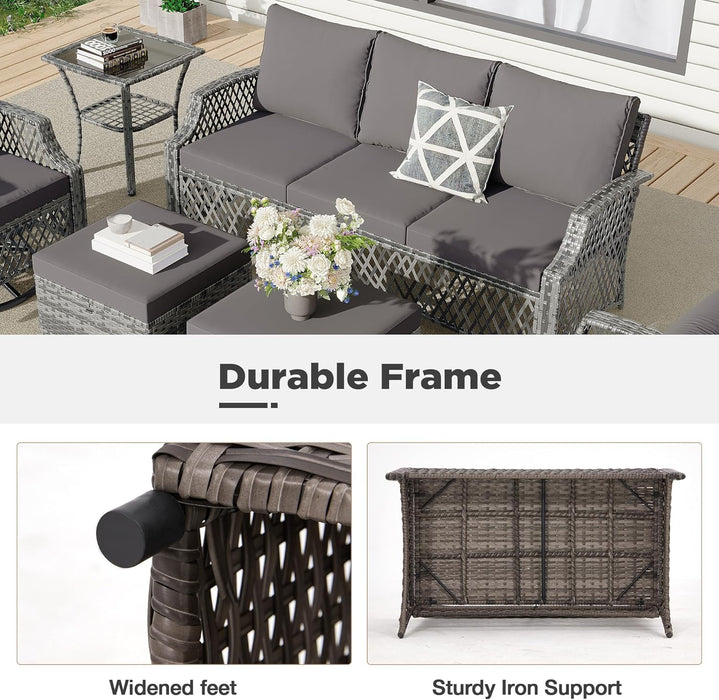 7 Piece Patio Furniture Set, Wicker Outdoor Conversation Set with Swivel Chairs, 2 Ottomans, Storage Coffee Table, Rattan Outdoor Sectional Sofa for Deck Backyard Porch （7 Seats, Gray）