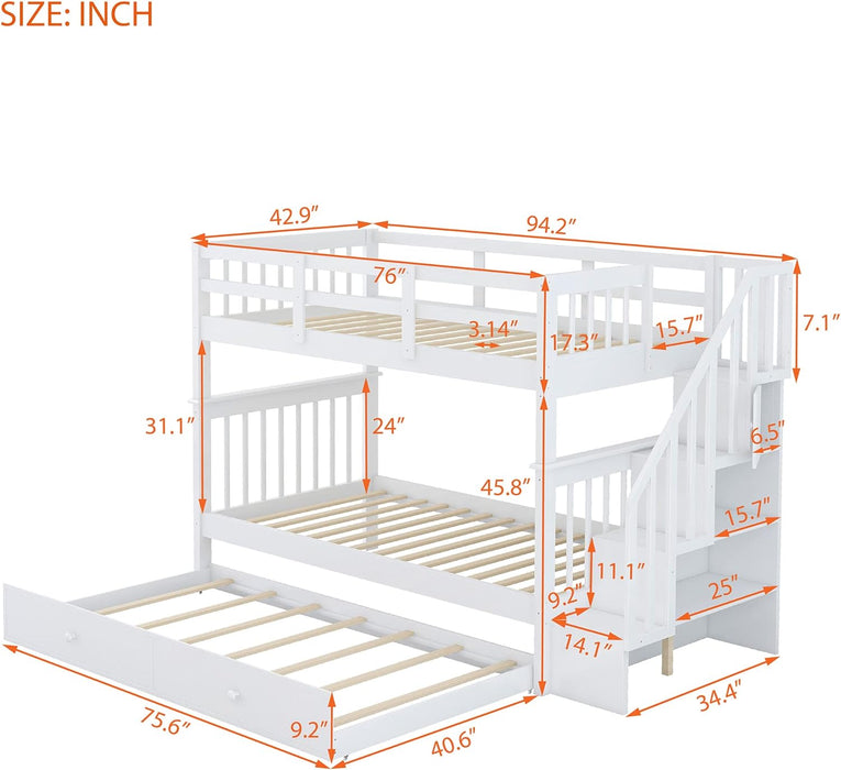 Twin over Twin Bunk Bed with Stairs and Trundle, Solid Wood Stairway Bunk Bed Frame with Storage, for Kids Teens Adults – White
