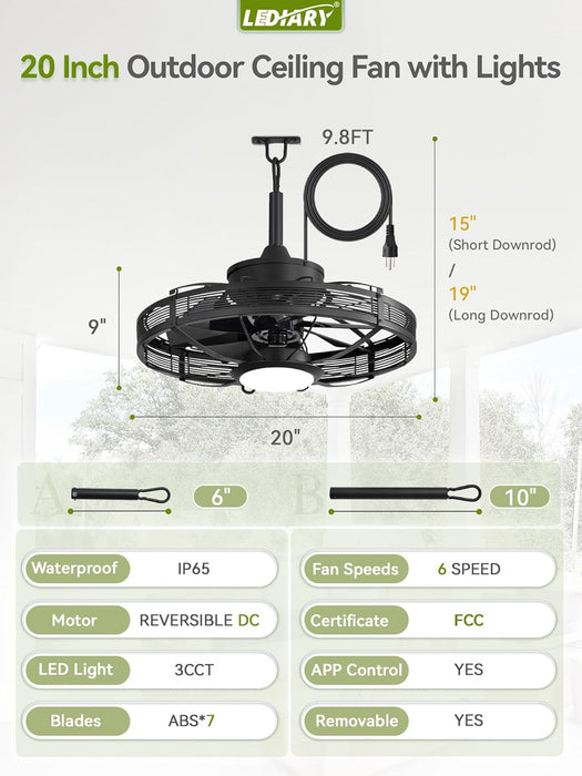 20" Outdoor Ceiling Fan with Lights, IP65 Waterproof Gazebo Fan, Plug-In Outdoor Hanging Fan Remote&App Control, 6 Speeds, 3CCT Dimmable, Caged Ceiling Fan for Gazebo, Patios, Porch,Pergola