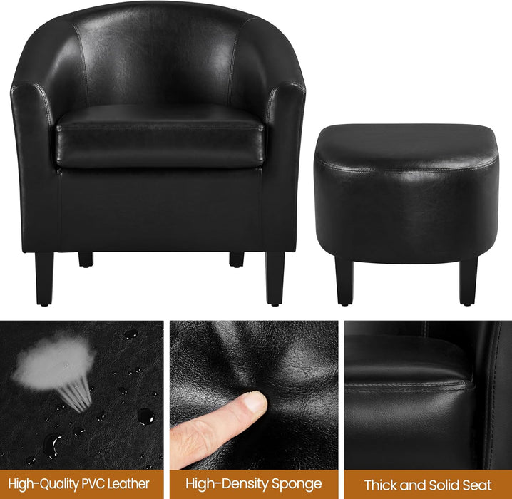 Accent Chair with Ottoman Set, Modern Faux Leather Upholstered Soft Barrel Chair and Footrest, Club Armchair and Footstool for Living Room/Bedroom/Reading Room/Guest Room, Black