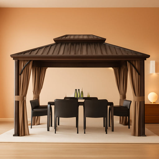 Caesar 10'X12' Hardtop Gazebo - Permanent Metal Pavilion with Netting and Shaded Curtains for Patio, Backyard, and Deck - Galvanized Steel Outdoor Aluminum Canopy, Double Roof Gazebo (Brown)