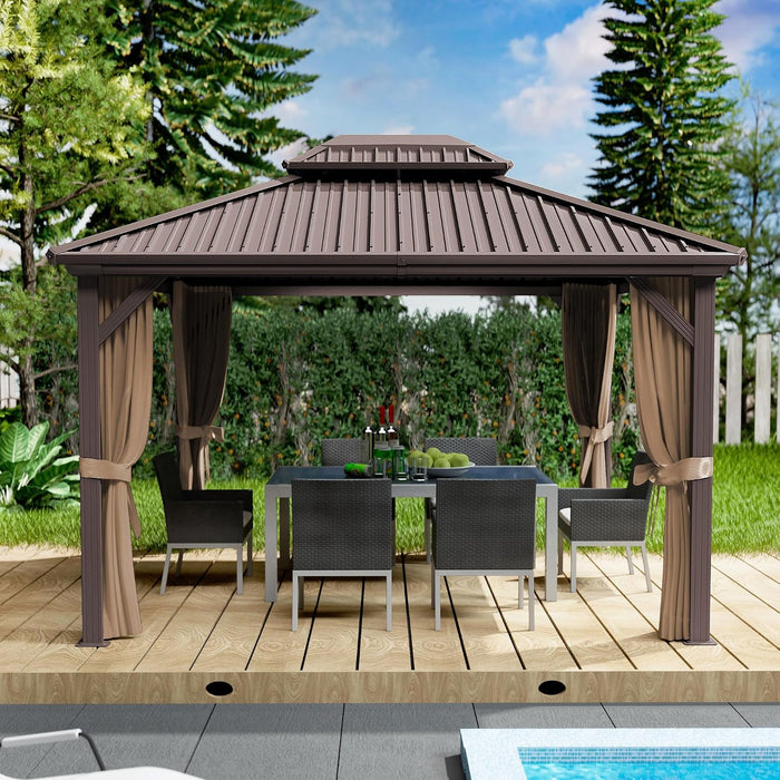 Caesar 10'X12' Hardtop Gazebo - Permanent Metal Pavilion with Netting and Shaded Curtains for Patio, Backyard, and Deck - Galvanized Steel Outdoor Aluminum Canopy, Double Roof Gazebo (Brown)