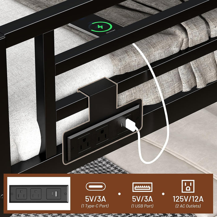 Bunk Bed with Reversible Foldable Desk,Upper Bunk Storage and 2 Storage Drawers Twin XL Bunk Bed with LED Lights and Charging Station,Bunk Beds with Safety Guardrail & 4 Hooks,Space-Saving, Black