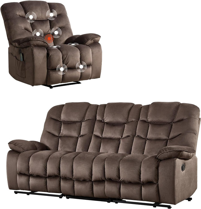 2-Piece Recliner Sofa Couch Set, Include Single Power Electric Recliner Chair with Massage& Heat and 3-Seater Manual Reclining Sofa for Living Room Bedroom, Brown