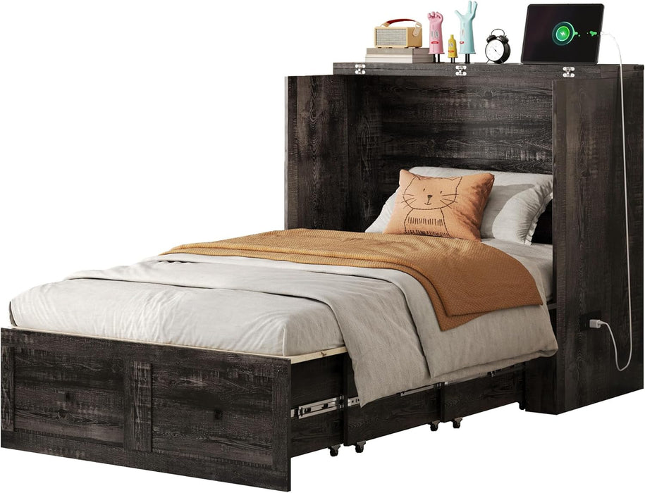 Twin Murphy Bed with Built-In Charging Station and Storage Drawer, Farmhouse Foldable Cabinet Bed for Guest Room, Apartment or Home Office, Black Oak