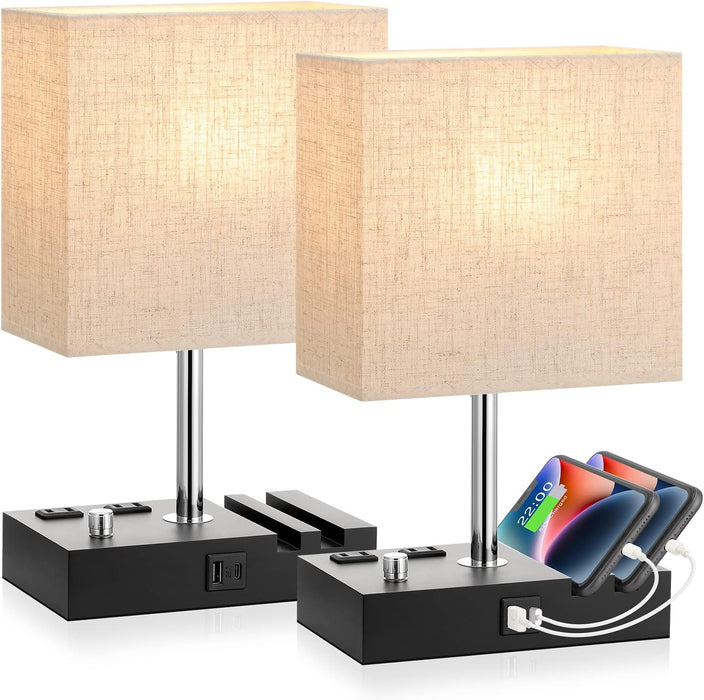 Beige Bedside Table Lamps Set of 2 - Dimmable, USB C+A, 2 AC Outlets