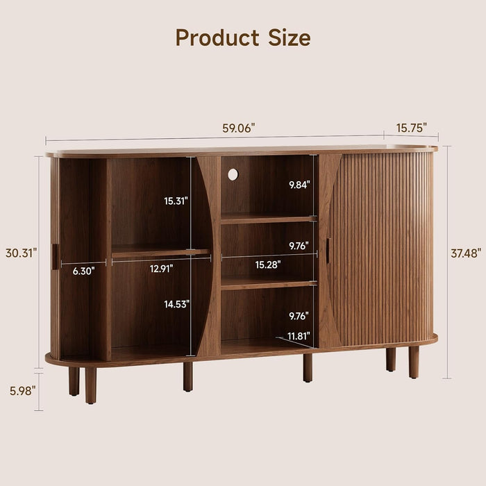 59" Curved Buffet Cabinet with Storage, Sideboard Cabinet with Adjustable Shelves, Mid-Century Modern Buffet Cabinet with Sliding Doors and 6 Wood Legs, Storage Cabinet for Living Room, Walnut