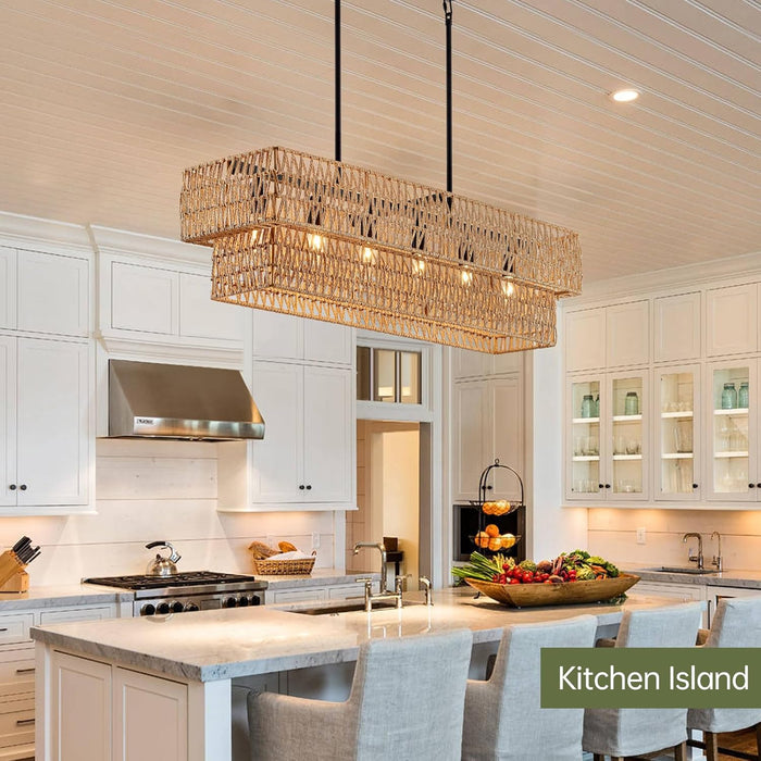 Six Light Boho Rattan Rectangular Pendant Chandelier