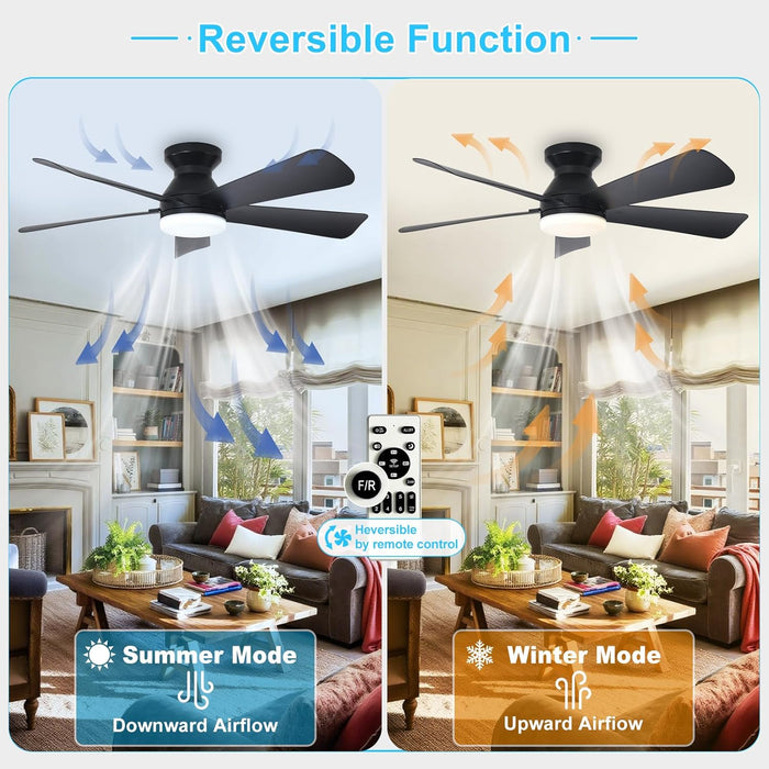 Modern Ceiling Fan with Light: 42-Inch Black Small Fans for Bedroom Indoor Outdoor - Dimmable Low Profile Ceiling Fans with Remote Control Flush Mount 5 Reversible Black Blades 6 Speeds Timer