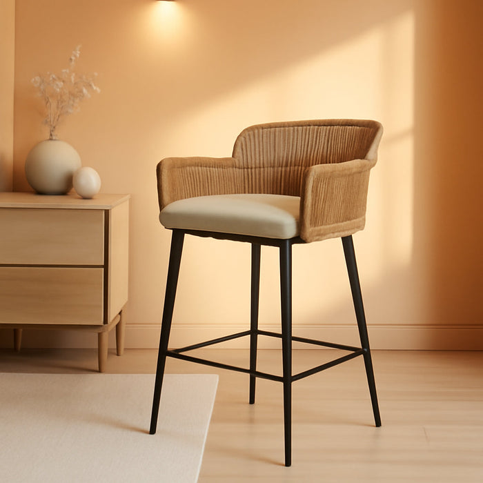 Farmhouse Woven Bar Stools Set of 3, 26 Inch Linen Upholstered Rattan Barstools with Curved Backs, Modern Cane Counter Height Bar Chairs with Metal Legs and Armrest for Kitchen Island, Beige