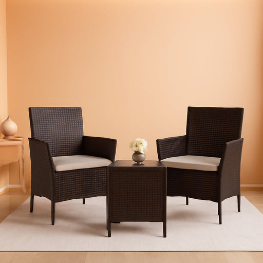 Patio Furniture Set 3 Pieces All-Weather Rattan Outdoor Furniture Patio Chairs with Tempered Glass Table for Porch Bistro Balcony (Brown/Cream)