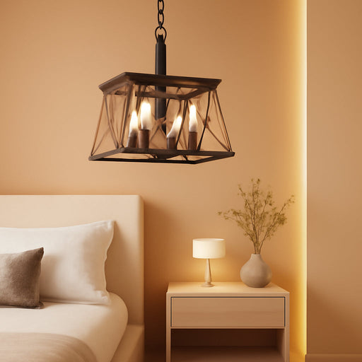 Farmhouse Rustic Chandeliers,Antique Geometric Industrial Hanging Light Bronze 4 Lights for Dining Room Kitchen Island Entryway Foyer Restaurant UL Listed