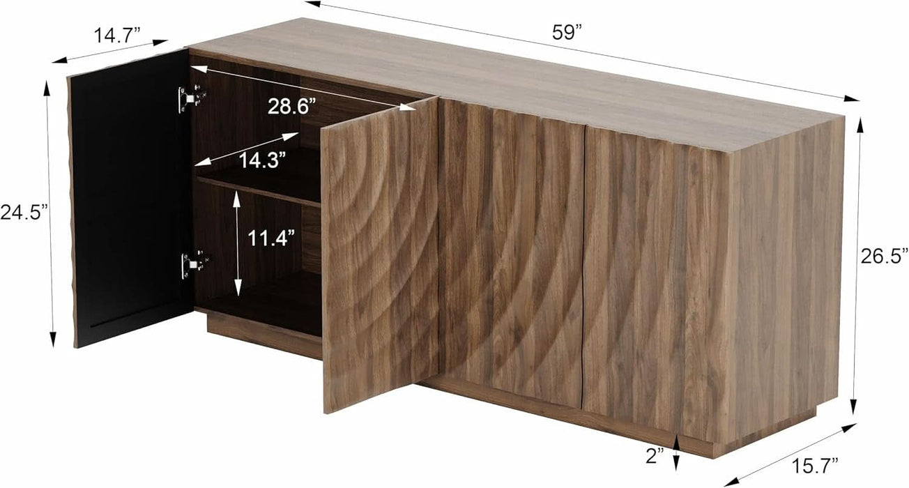 59" Modern Buffet Cabinet with 3D Water Ripple Doors, Sideboard Storage Cabinet with Wooden Base, Freestanding Credenza Console Table for Dining Room Living Room Entryway Coffee Bar, Walnut