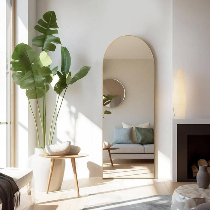 64"X21" Arched Full Length Mirror, Full Body Mirror with Leaning or Standing, Floor Standing Aluminum Frame for Bedroom, Livingroom, Cloakroom, Gold