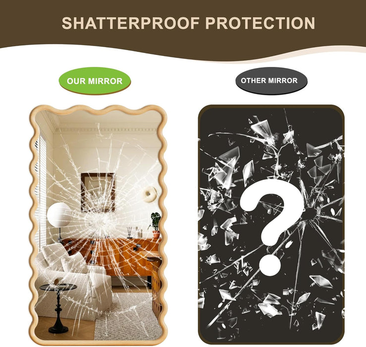 Full Length Mirror, 55"X28" Boho Wavy Wood Floor Mirror, for Bathroom, Bedroom, Living Room, Cloakroom, Entryway