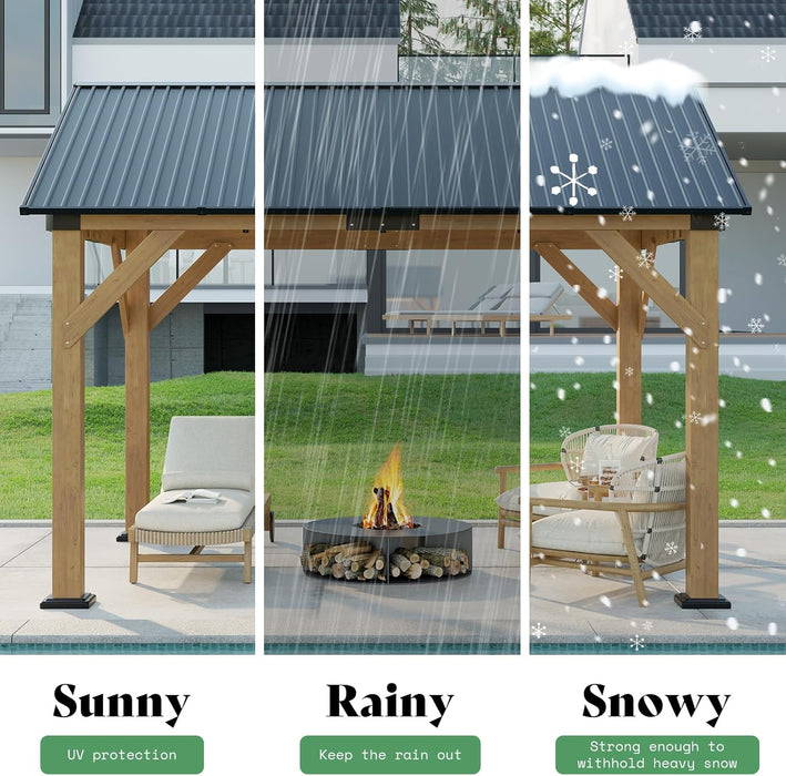 10X12 Ft Spruce Wood Gazebo, Hardtop Pergola with Metal Steel Roof, Outdoor Gazebo with Guest House for Garden, Porch, Patio, Black + Natural Wood