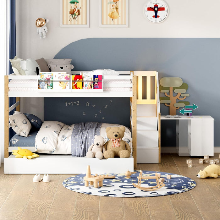 Full over Full Bunk Bed with Trundle and Storage Stairs, Solid Wood Bunk Bed with Foldable Desk, No Box Spring Needed, for Kids, Teens & Adults (White+Wood)