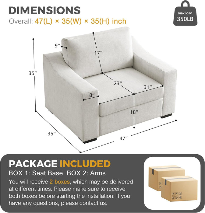47" W Oversized Accent Chair Set of 2, Linen Fabric Modern Armchair, Washable Covers, Comfy Upholstered Large Chair Armchair Sofa Chair Reading Chair for Living Room Bedroom Office, Ivory