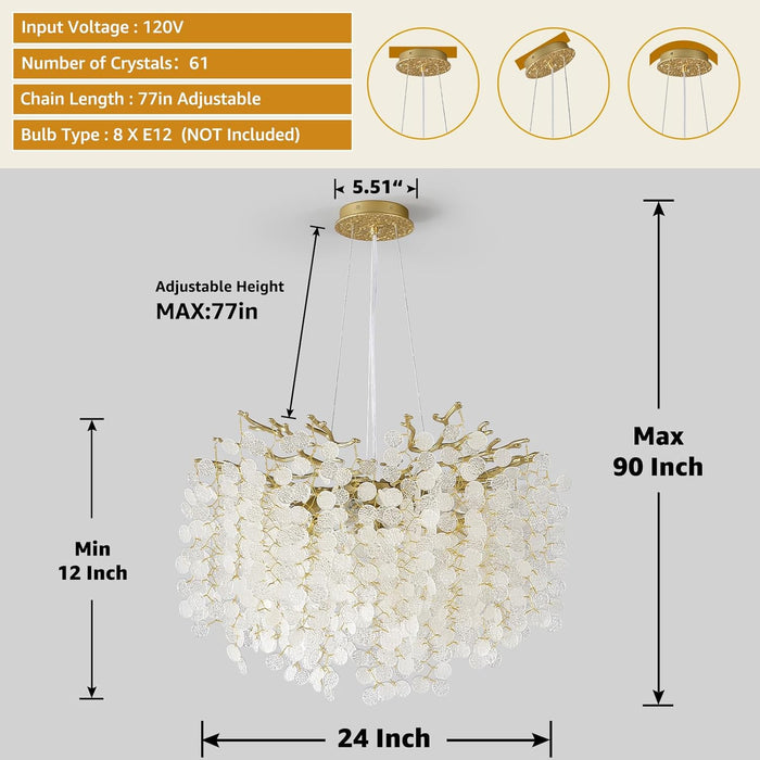 24-Inch Capiz Shell Chandelier, 8-Light Gold Coastal Chandelier, Modern Crystal Tree Branch Chandeliers, Boho Light Fixture for Bedroom, Living Room, Foyer, Entryway, Stairwell