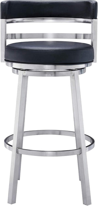 Madrid 30" Seat Height Swivel Modern Black Faux Leather and Brushed Stainless Steel Bar Stool for Kitchen Island Counter