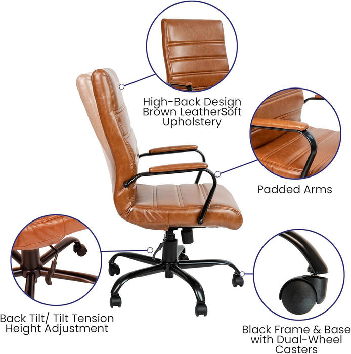 Whitney High-Back Swivel Leathersoft Desk Chair with Padded Seat and Armrests, Adjustable Height Padded Leathersoft Office Chair, Brown/Black Gold